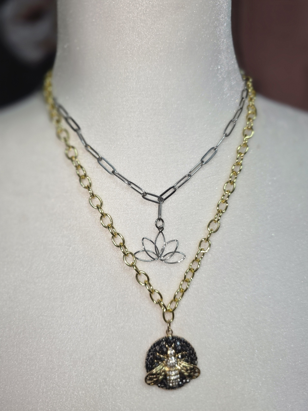 Two-Tone Layered Lotus & Bee Pendant Necklace - Gold and Silver